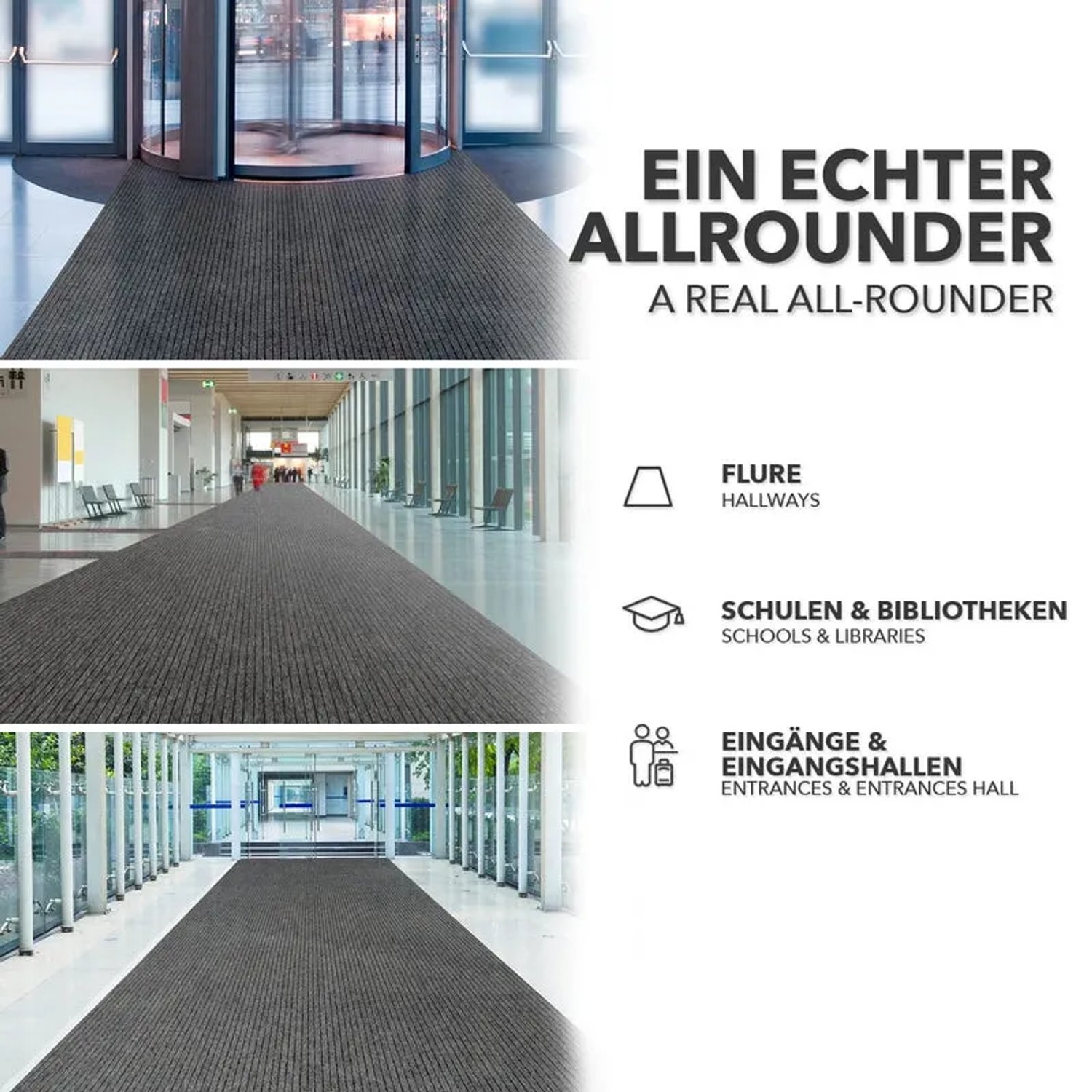 Grauer KARAT Eventteppich Atlas auf Maß, geeignet für Flure, Schulen, Bibliotheken und Eingangshallen.