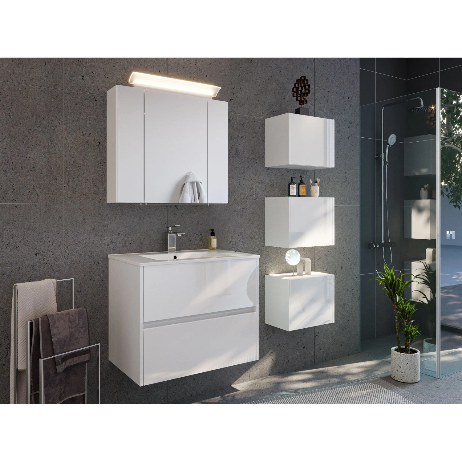 Posseik Badmöbelset Limes 70 cm Weiß Hochglanz LED Spiegelschrank