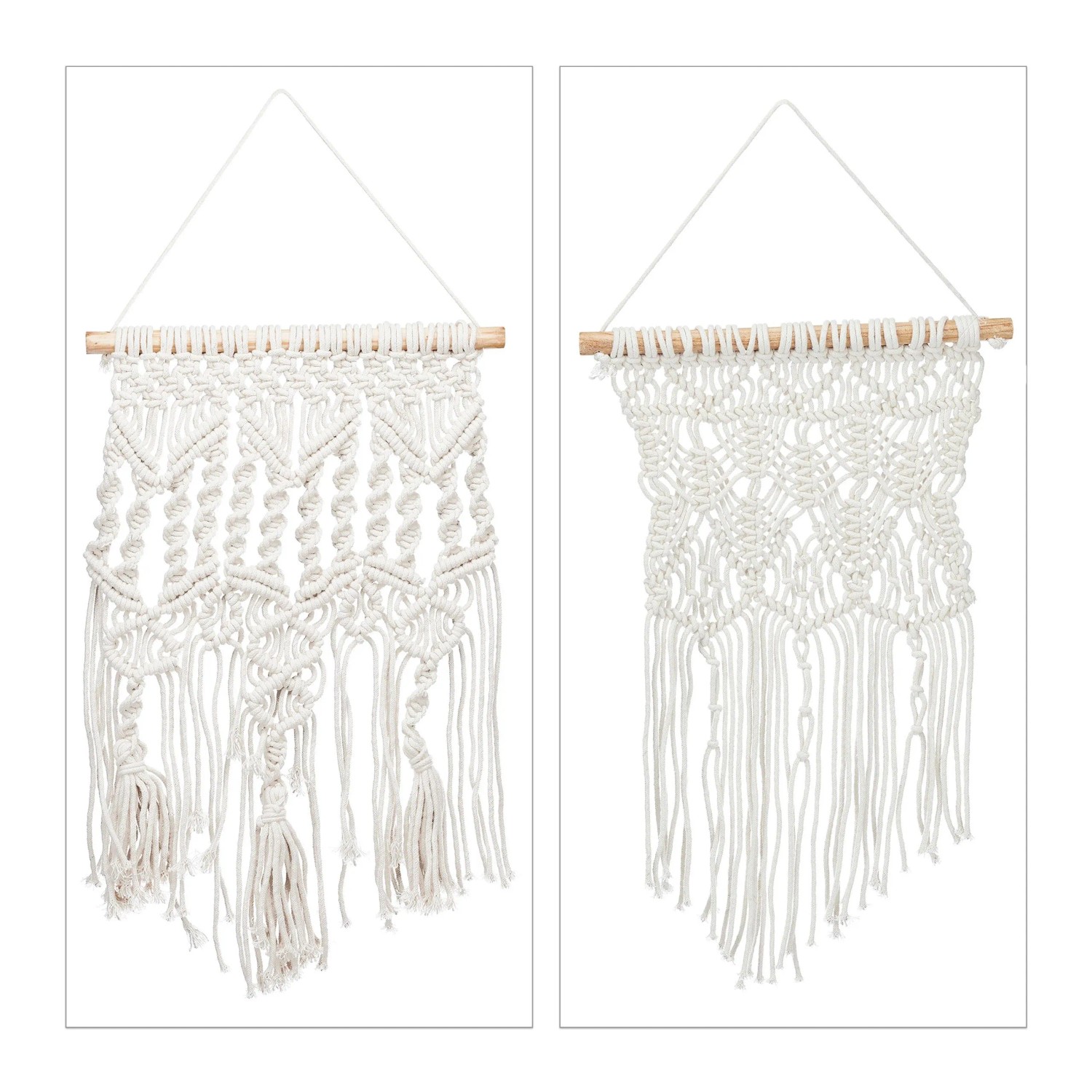 Relaxdays Makramee Wandbehang 2er Set Baumwolle Kiefernholz Creme Handgeknüpft 60 cm x 30 cm x 1,5 cm
