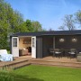 Carbongraues Lasita Gartenhaus Amarillo mit Terrasse und Schleppdach.