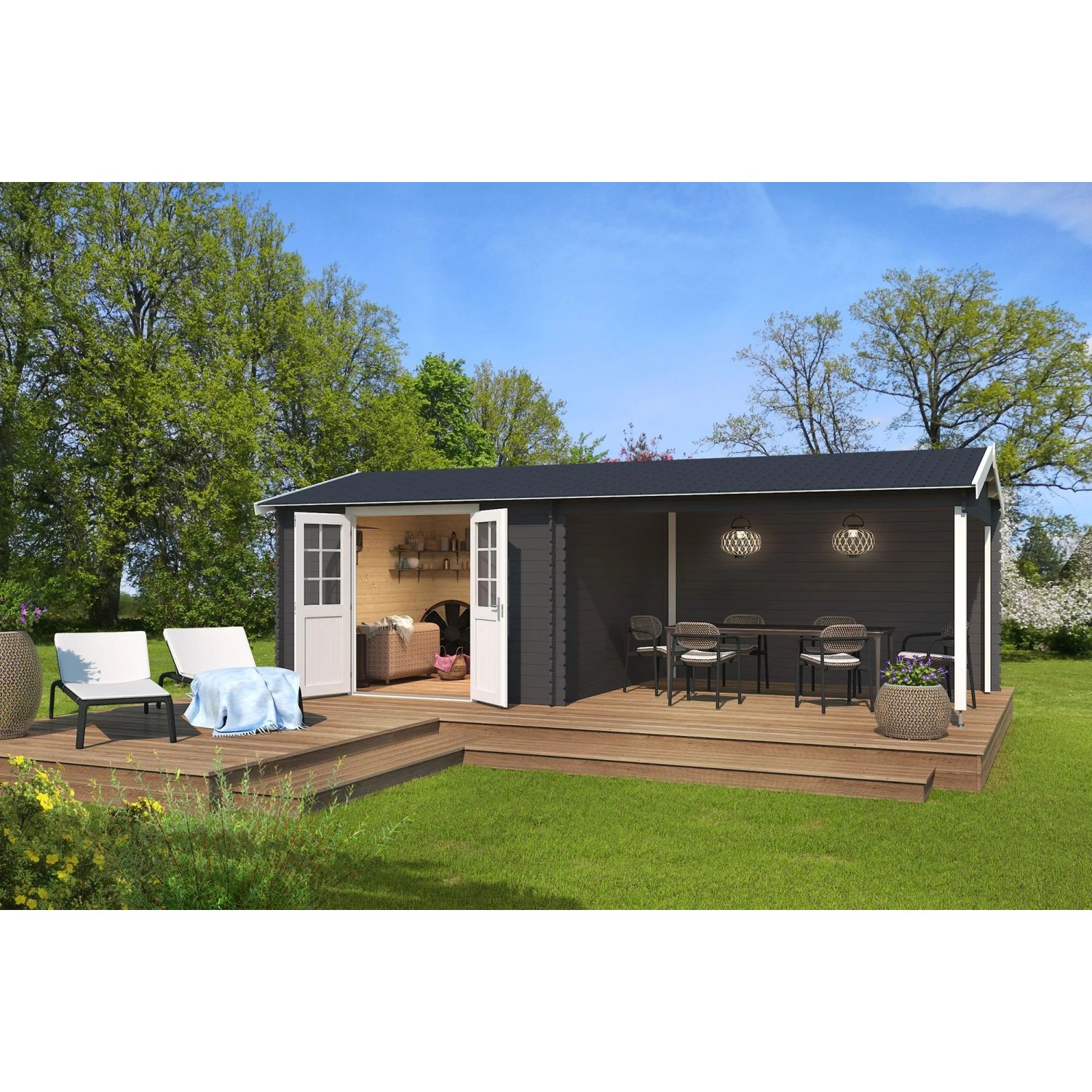 Lasita Holz-Gartenhaus Amarillo Satteldach Carbongrau Lasiert 710 cm x 330 cm