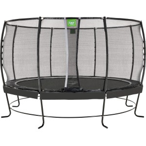 Schwarzes EXIT Lotus Premium Trampolin Ø 427 cm mit Sicherheitsnetz für den Garten.