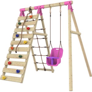 Rebo Klettergerüst Schneehase mit Babyschaukel und Kletterwand in Pink.