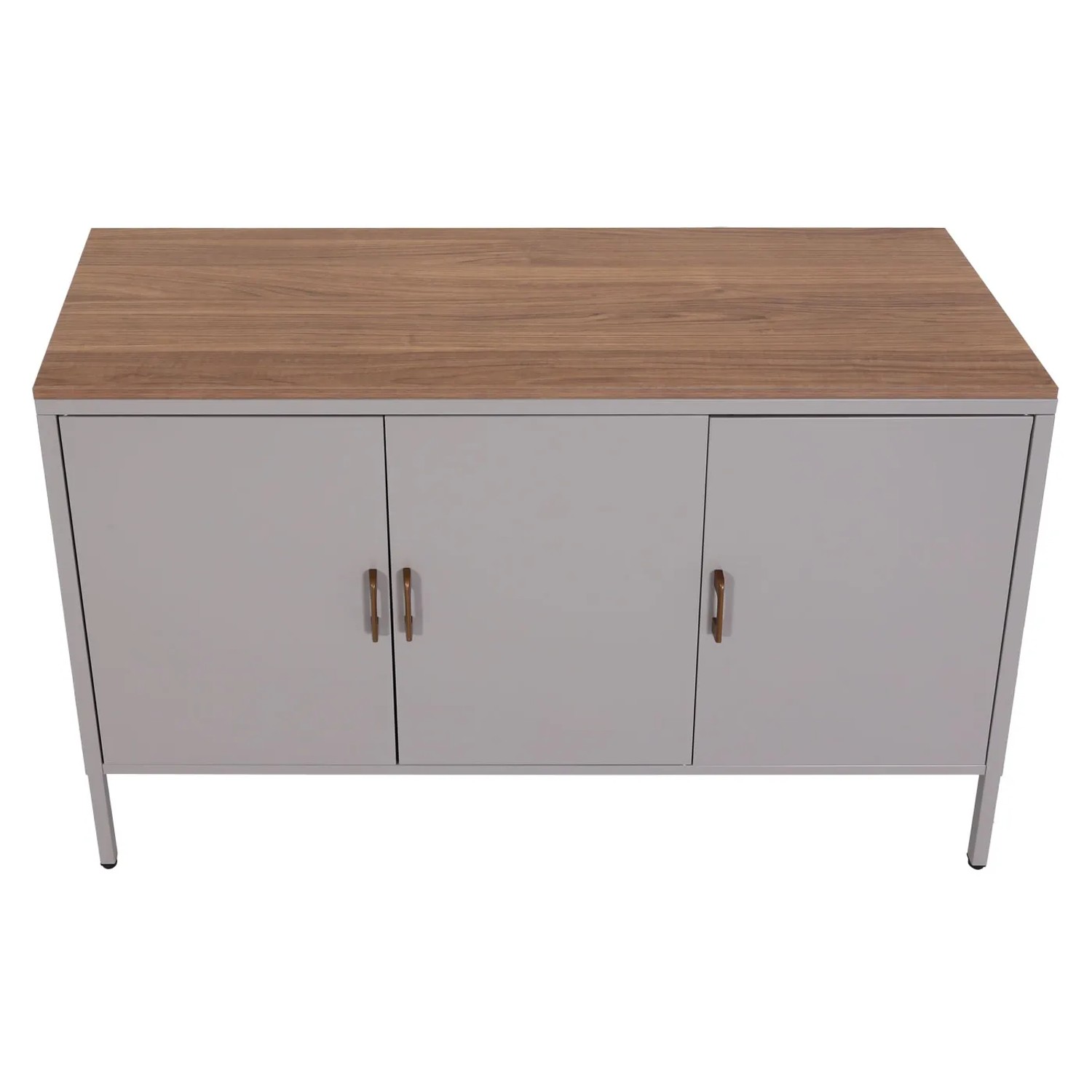 Graue MCW Kommode L84-3 mit Holzplatte, 3 Türen und Metallgriffen.