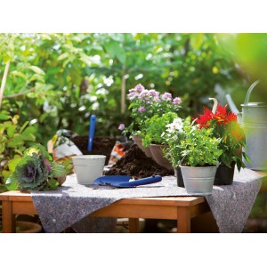 Abdeckvlies schützt Tisch mit Pflanzen und Gartenzubehör vor Schmutz.