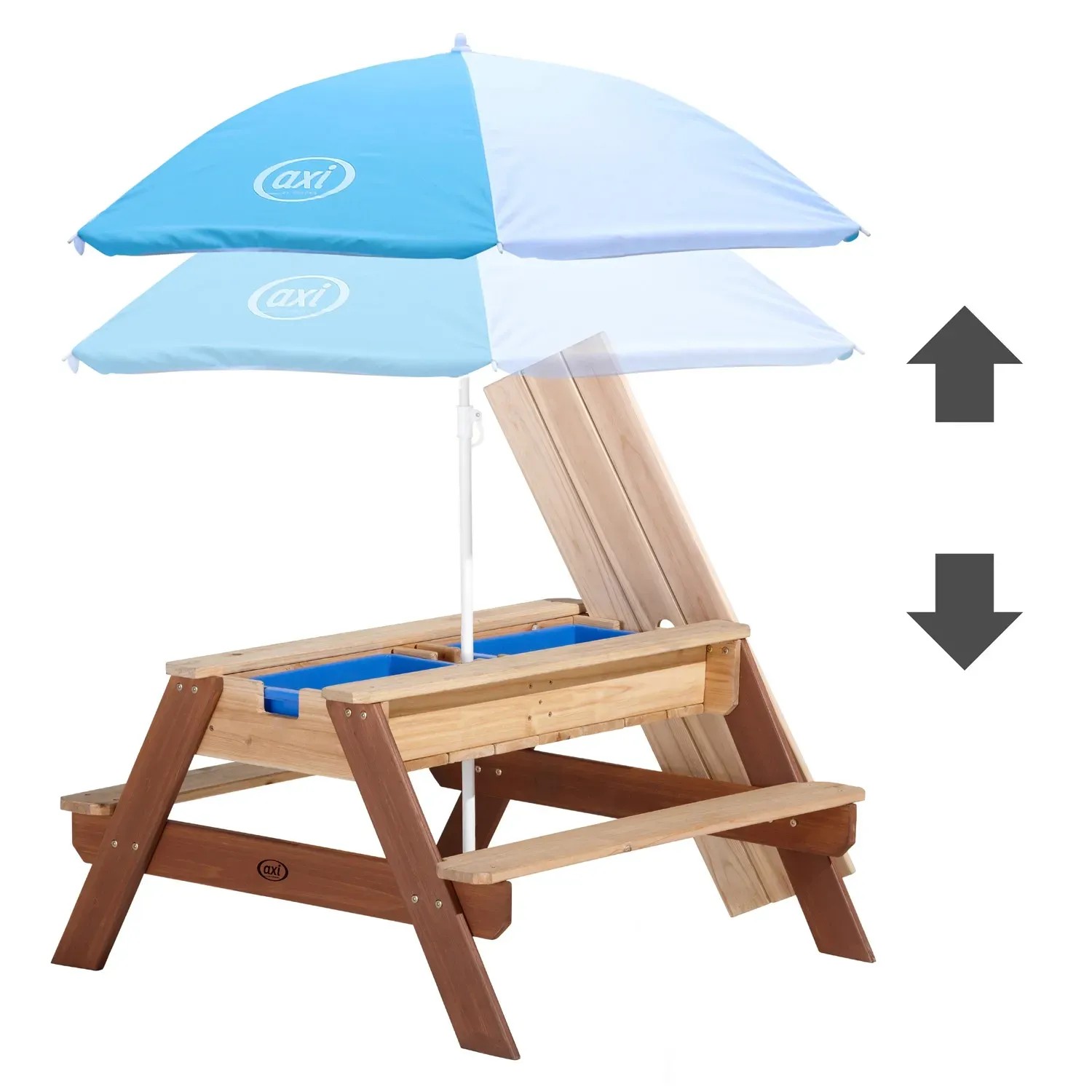 Axi Sand- und Wasser-Picknicktisch Nick braun/blau/weiß mit Sonnenschirm, höhenverstellbar.