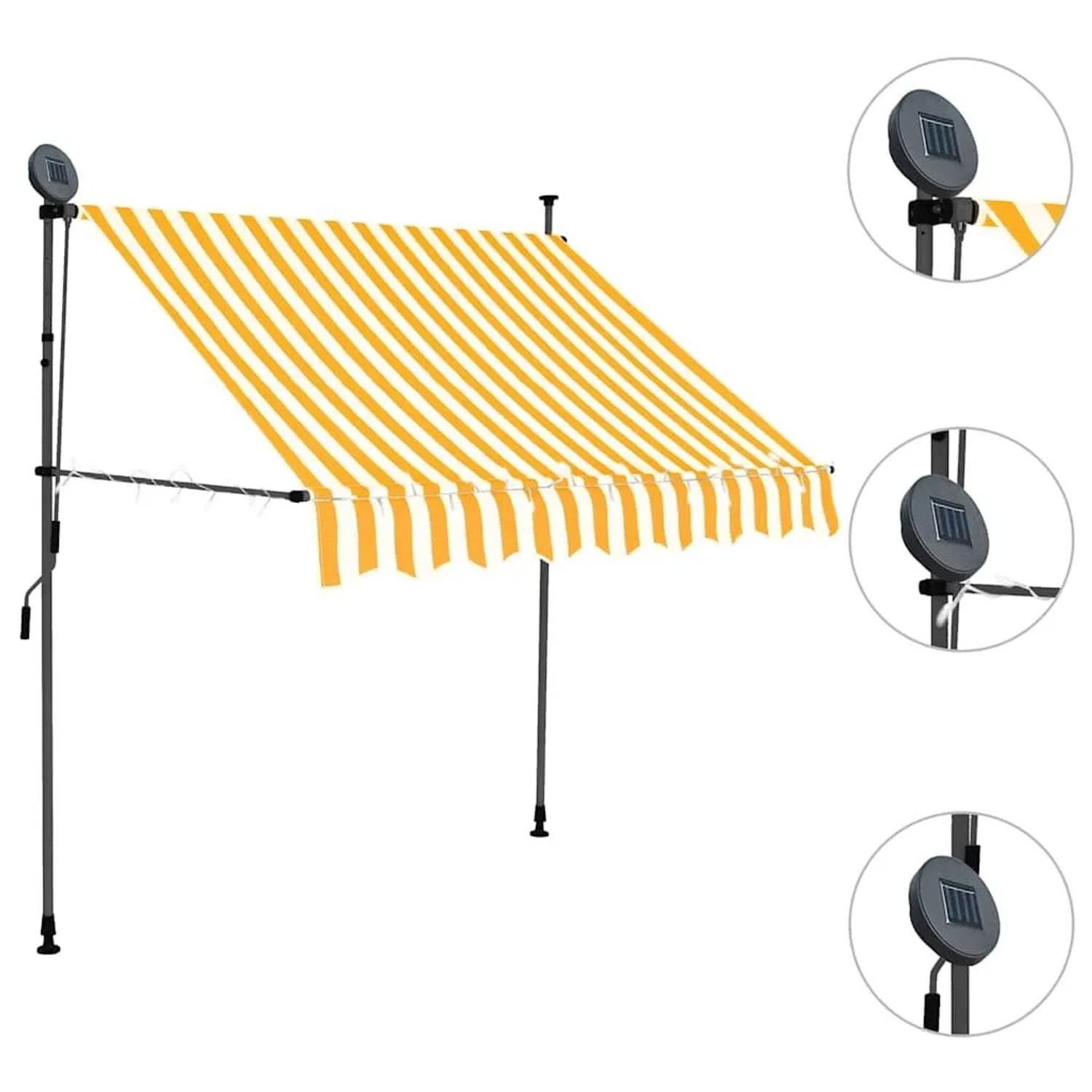 Einziehbare Markise in Weiß-Orange gestreift mit LED-Beleuchtung und Handkurbel, 150 cm breit.