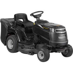 Alpina Rasentraktor AT4 84 A, schwarzer Aufsitzmäher mit Fangkorb und 84 cm Schnittbreite.