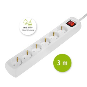 Weiße Hama Steckdosenleiste mit 6-Fach Schalter und 3 m Kabel.