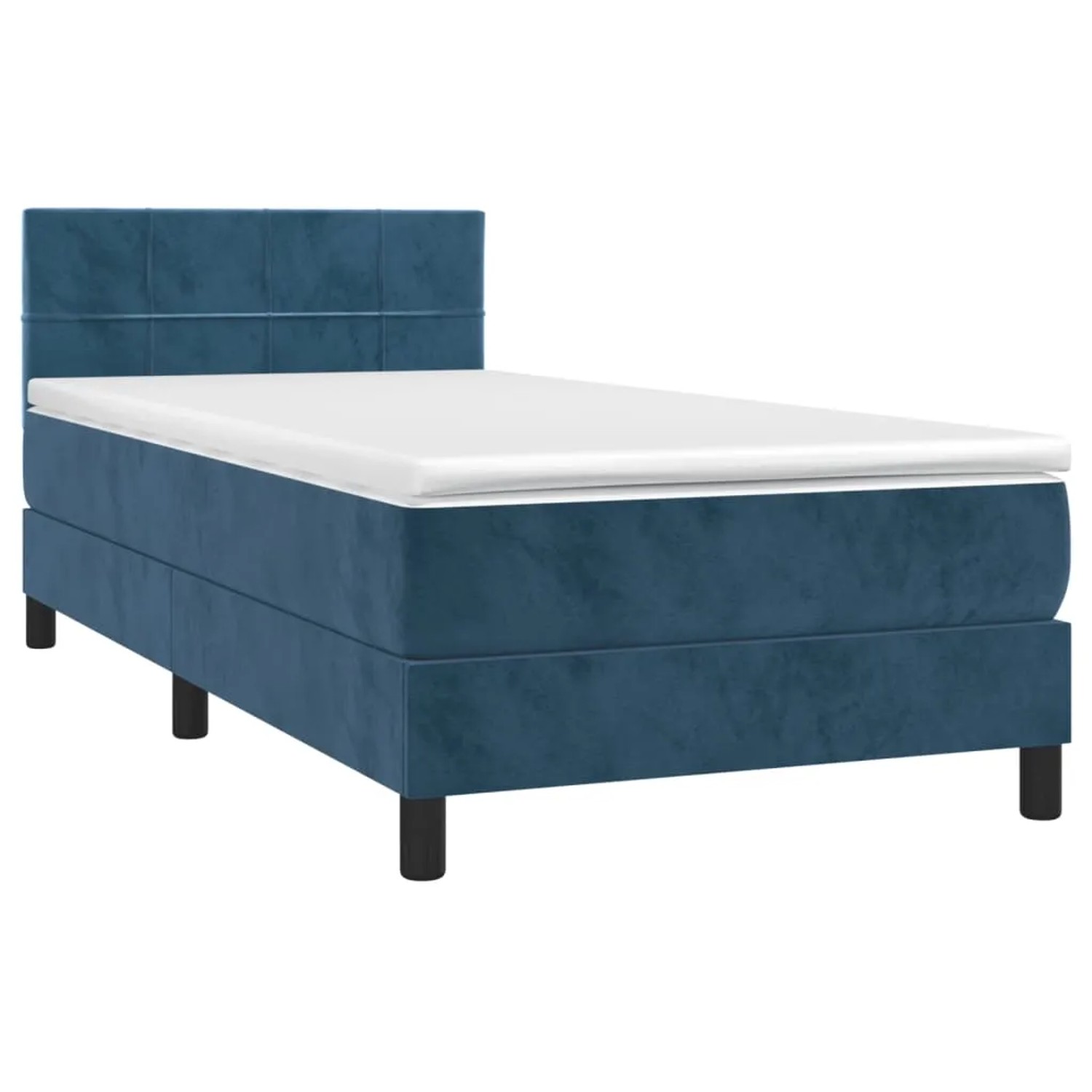 Boxspringbett dunkelblau (90x200 cm) mit Matratze und Kopfteil. Samtbezug.