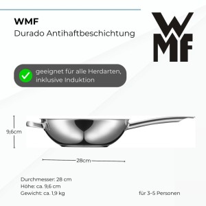 WMF Durado Wokpfanne aus Cromargan Edelstahl, 28 cm, mit Antihaftbeschichtung und Induktionsboden.