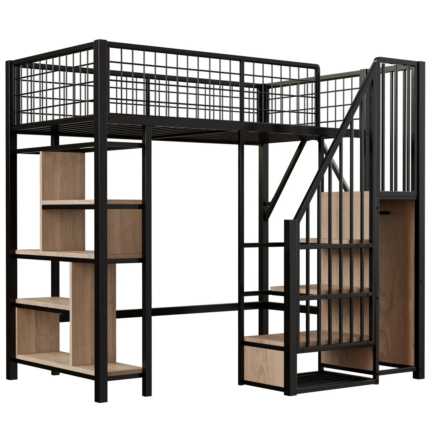 Merax Hochbett 90x200cm Metall Stauraum Treppe Schwarz