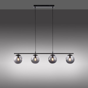 Schwarze 4-flammige Pendelleuchte Big Widow mit rauchfarbenen Glaskugeln.