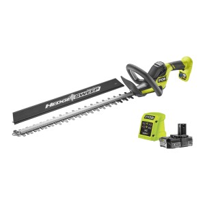 Ryobi Akku-Heckenschere RY18HT55A-120 One+ mit Akku, Ladegerät und Schnittgutkehrer.