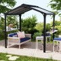 Schwarzer Palram Canopia Austin BBQ Pavillon mit Sitzbereich und Ablageflächen.
