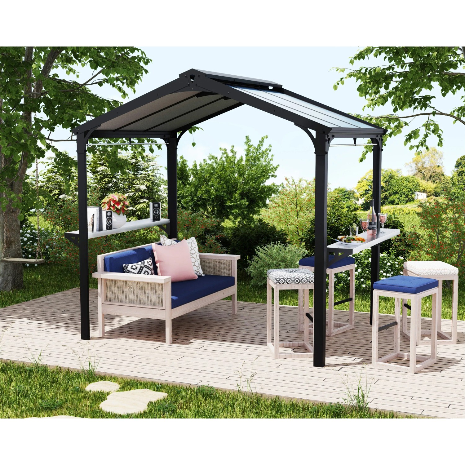 Schwarzer Palram Canopia Austin BBQ Pavillon mit Sitzbereich und Ablageflächen.