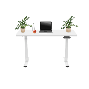 Elektrisch höhenverstellbarer, weißer Computertisch Better Home FlexiDesk DM1 mit Dual Motor und Zubehör.