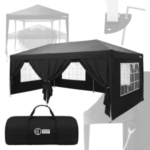 Schwarzer Pop Up Pavillon 3x6 m mit Seitenwänden, Fenstern und Tragetasche. Schneller Aufbau als Faltpavillon.
