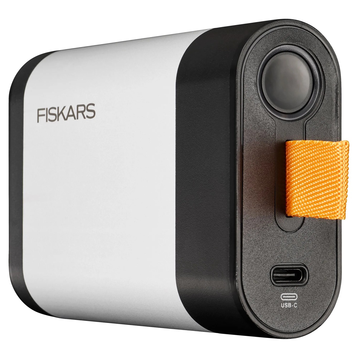 Fiskars Akku 12 V 4 Ah, weiß-schwarz, mit USB-C Anschluss und orangefarbener Schlaufe. Kompakte Powerbank.