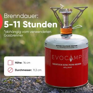 Evocamp Gaskartusche mit Campingkocher Aufsatz. 450g Propan Butan Gemisch für Campingkocher, Gasgrills.