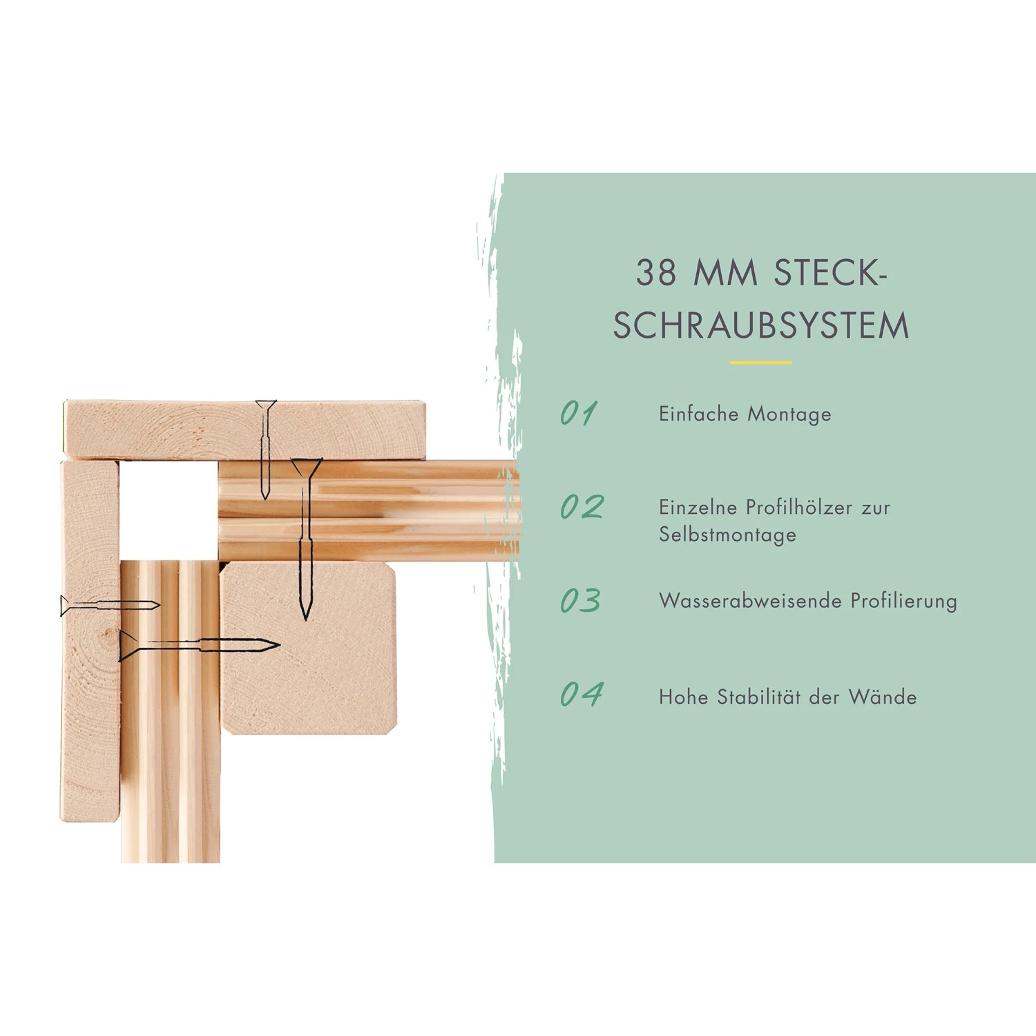 Detailaufnahme Steck-Schraubsystem (38mm) für Karibu Gartenhaus. Einfache Montage, hohe Stabilität.