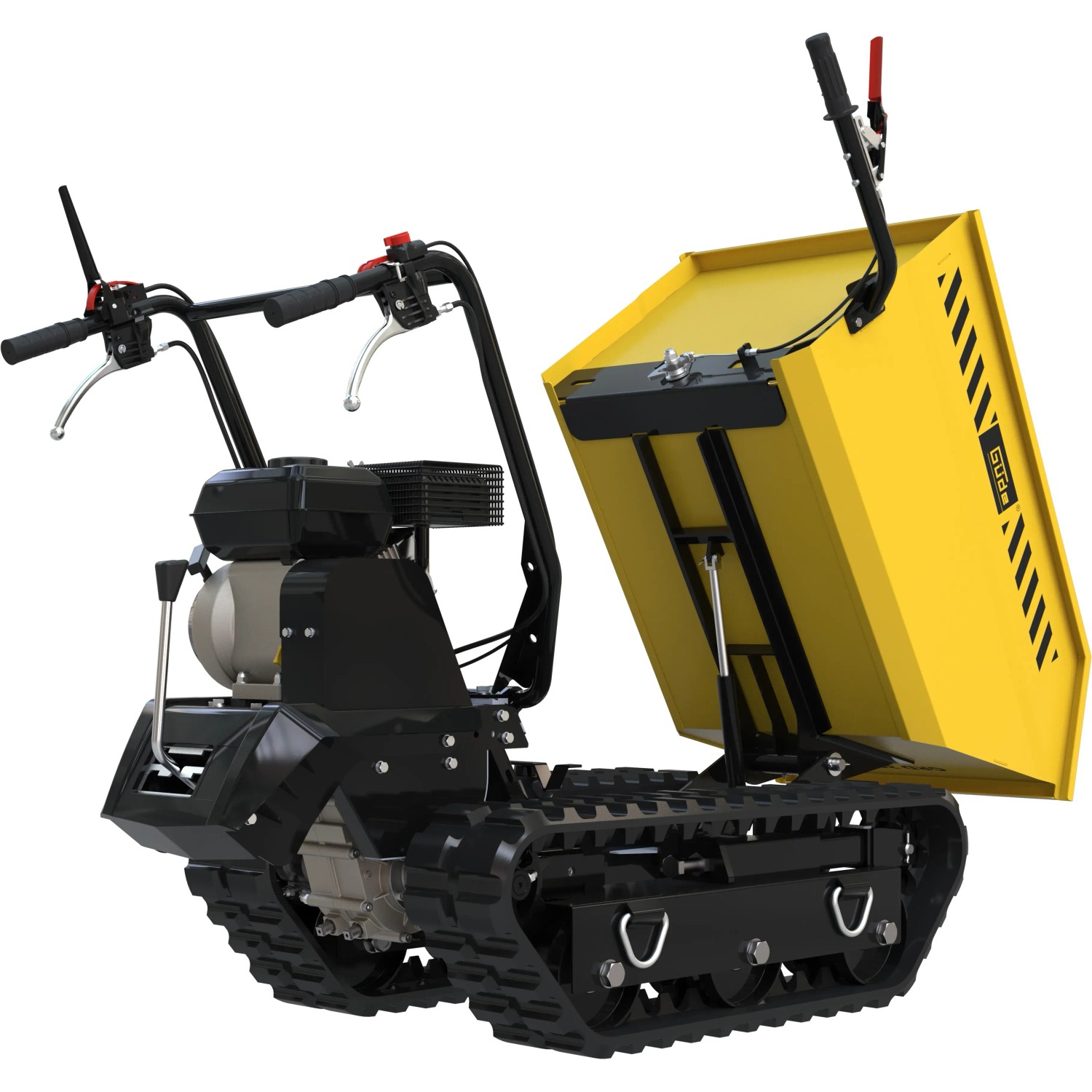 Güde Raupendumper GRD 400/R, gelb-schwarz, mit Raupenantrieb und kippbarer Mulde für bis zu 400 kg.