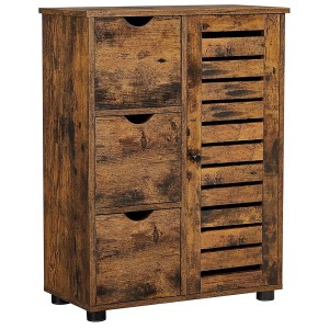 Songmics Badezimmerschrank Hanis, braunes Bad-Standregal mit 3 Schubladen und Tür.