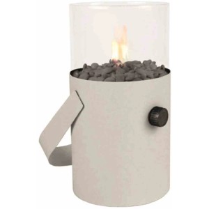 Weiße Cosi Gaslaterne Cosiscoop (Ø16x30cm) mit Glasaufsatz, Kieselsteinen und Tragegriff.