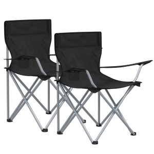 Songmics Campingstuhl-Set, 2 schwarze Faltstühle mit Getränkehaltern und Stahlrahmen.
