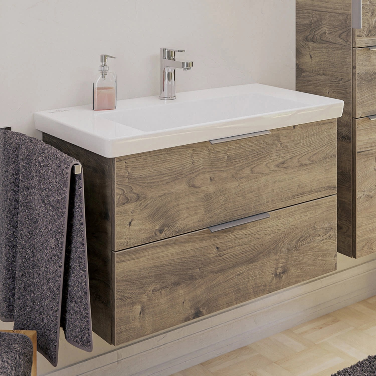 Steinkamp Waschtischunterschrank Living 2.0 Eiche Ribbeck Quer mit Villeroy & Boch Waschtisch Subway 3.0 80 cm ohne Überlauf