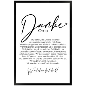 Gerahmtes Poster "Danke Oma" 40x60 cm, Geschenkidee mit liebevollen Sprüchen im schwarzen Bilderrahmen.