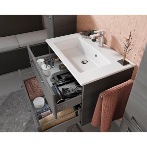 Pelipal Trentino Waschbeckenunterschrank, Graphit, 75 cm breit, mit zwei Schubladen und offenem Auszug.