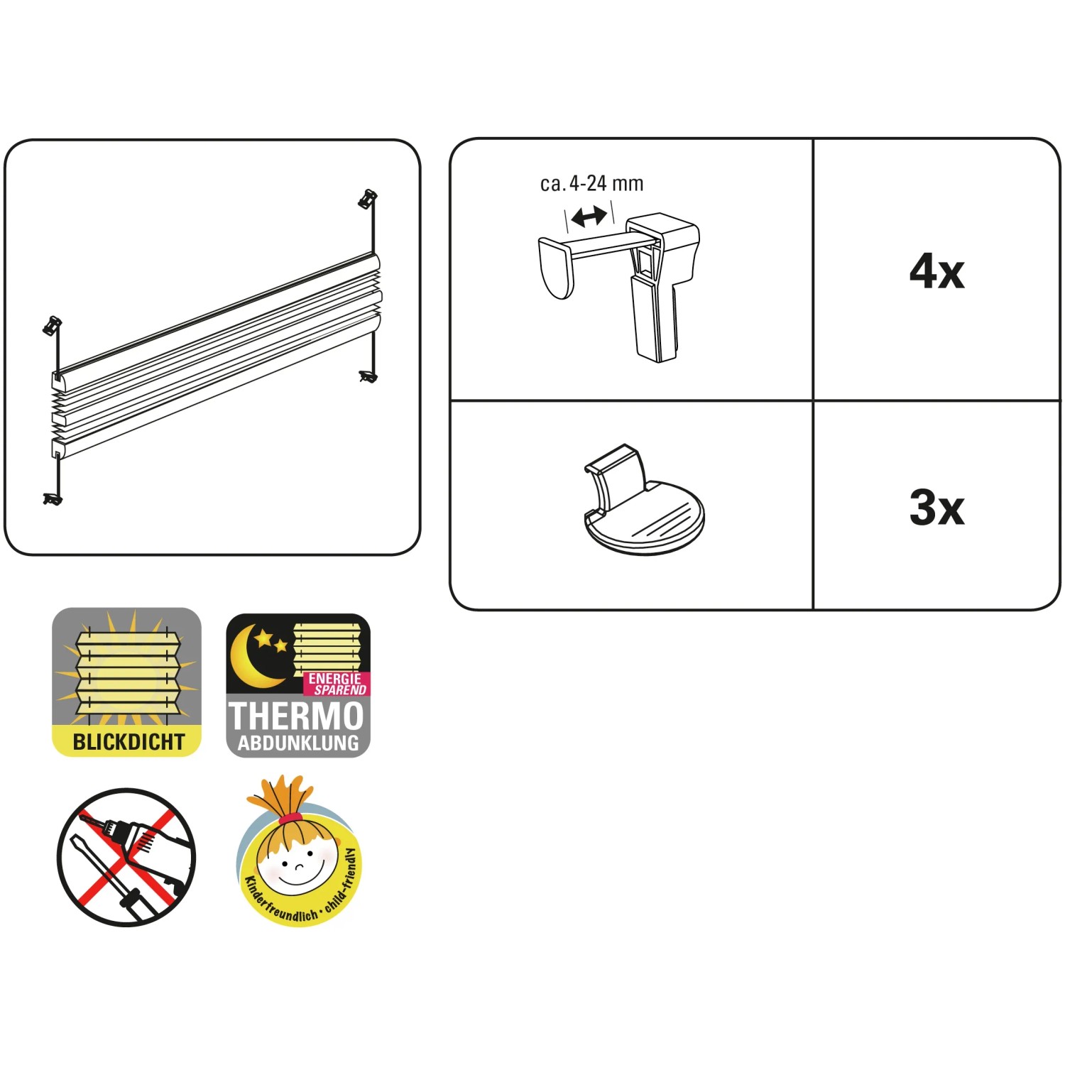 Montage-Details Gardinia Easy Fix Plissee Tag und Nacht Weiß, Klemmträger und Zubehör.