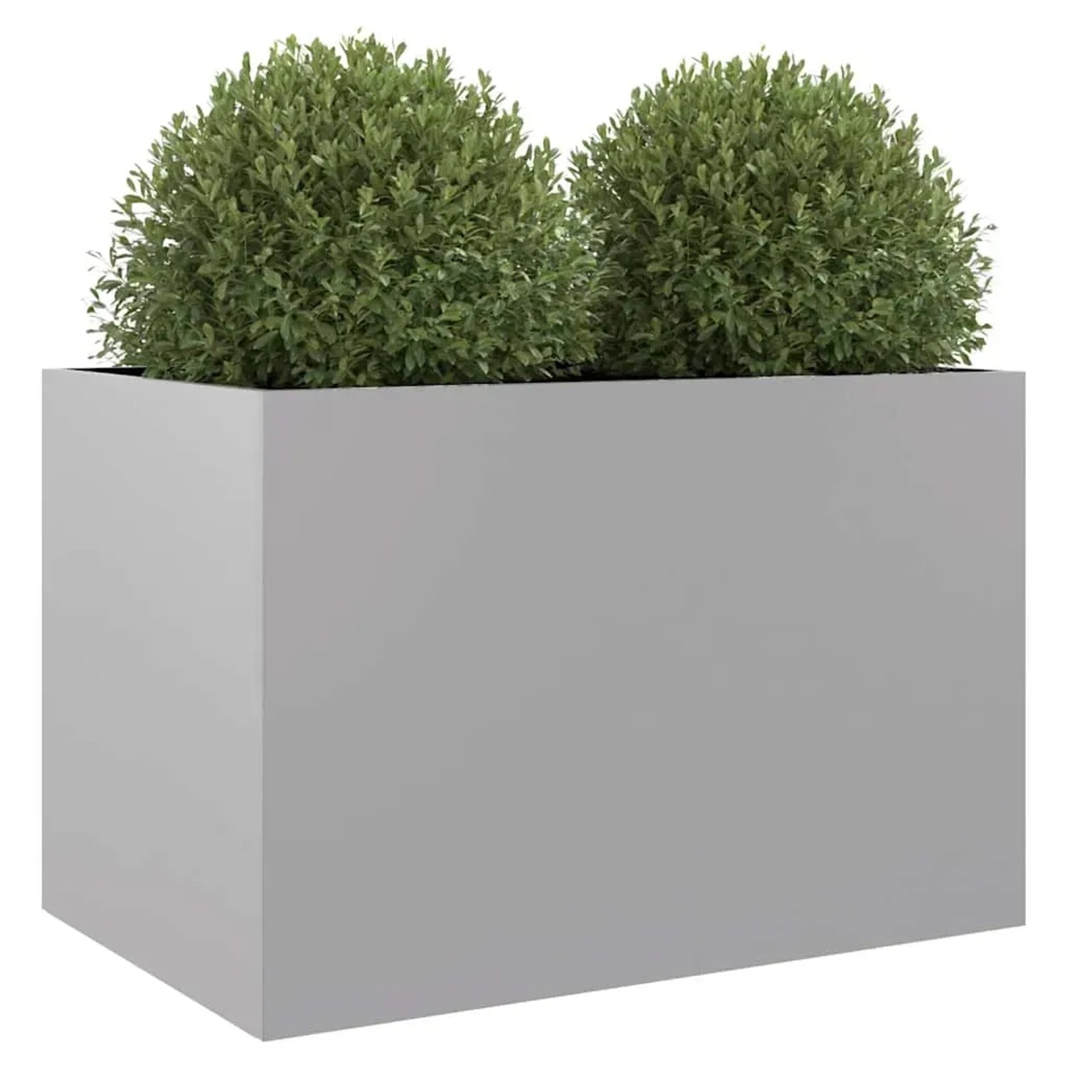 Silberner Pflanzkübel aus verzinktem Stahl, rechteckig, mit grünen Pflanzen. Ideal für Garten & Balkon.