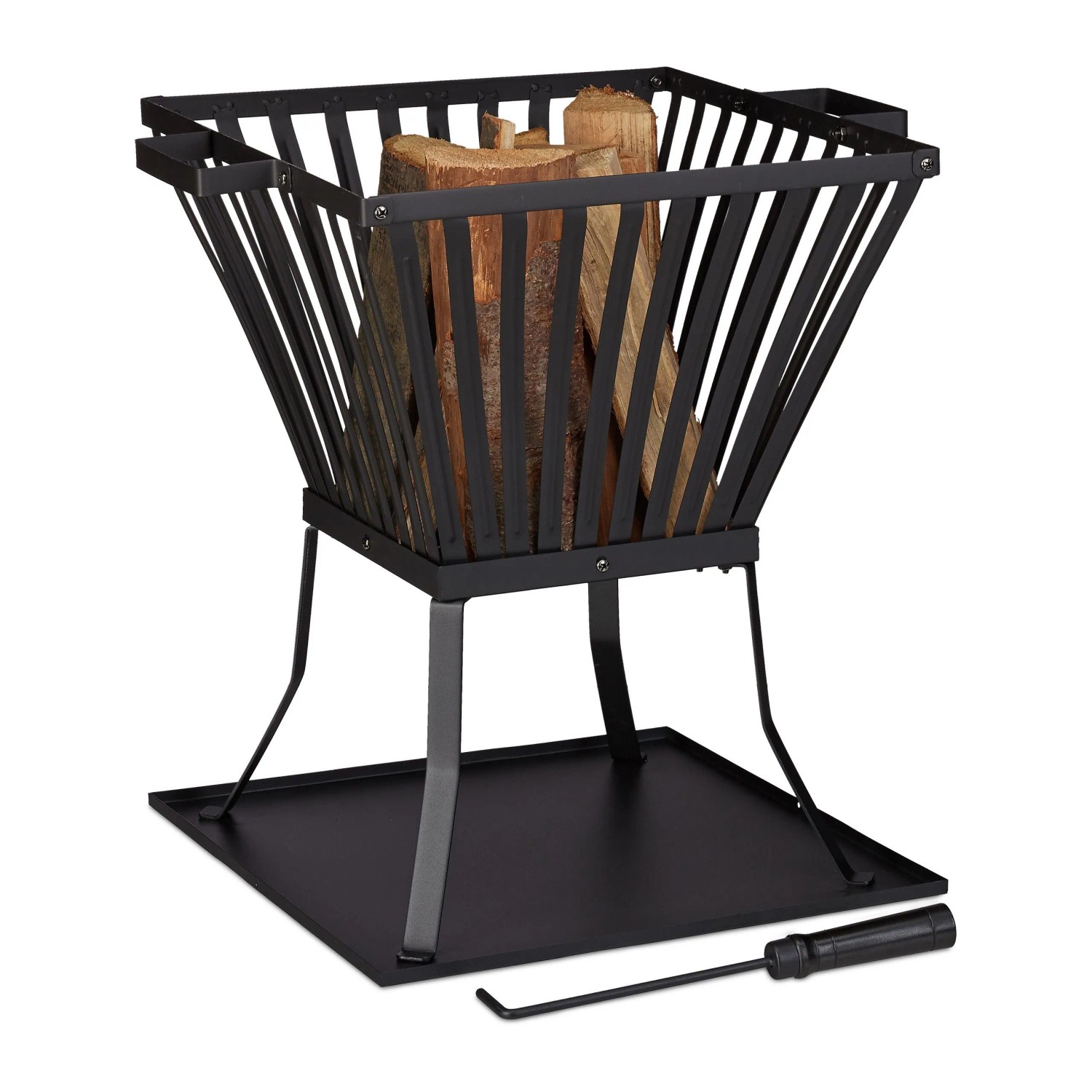 Relaxdays Feuerkorb Stahl Schwarz mit Schürhaken 56 cm x 56,5 cm x 45 cm 5,4 kg