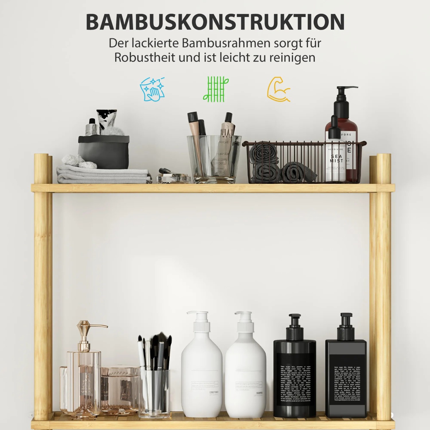 HOMCOM Toilettenregal aus Bambus mit drei Ablagen in Naturholz-Optik.