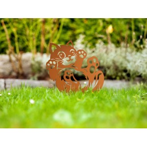 Rostbrauner Beetstecker: Kuschelndes Kätzchen aus Metall für die Gartendeko.