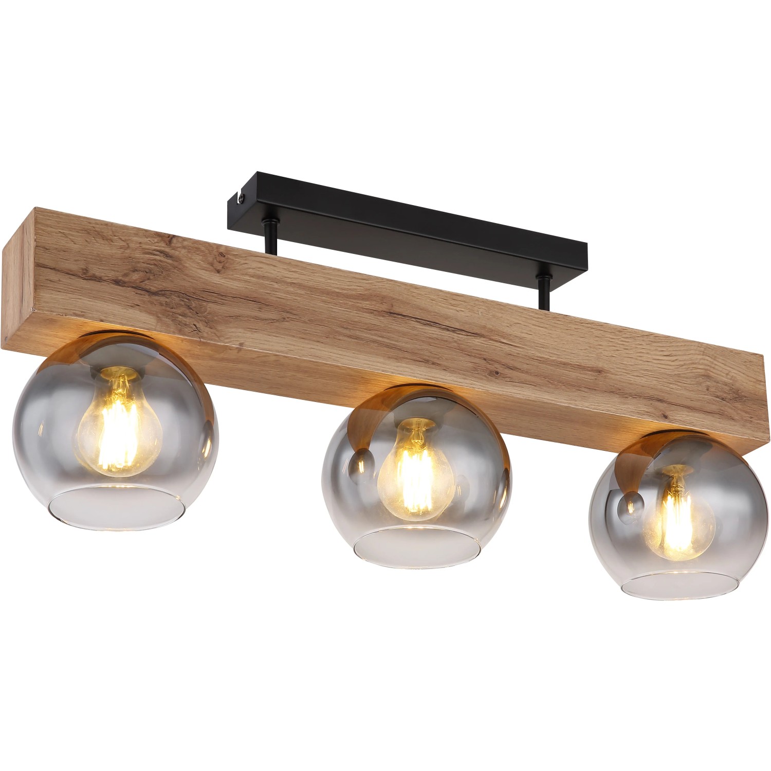 Globo Moitas Deckenleuchte, 3-flammig, schwarz matt, Rauchglas, Holzoptik, 65 cm breit.