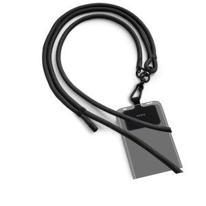Schwarzes Hama Handyband zum Umhängen, universell verstellbar mit Karabiner.