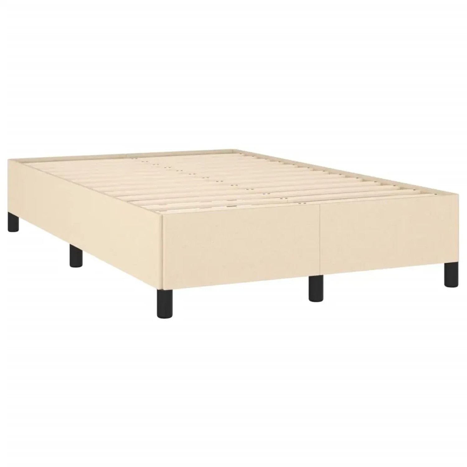 Boxspringbett creme, 120x190 cm, Stoffbezug. Bettrahmen mit Lattenrost und schwarzen Füßen.