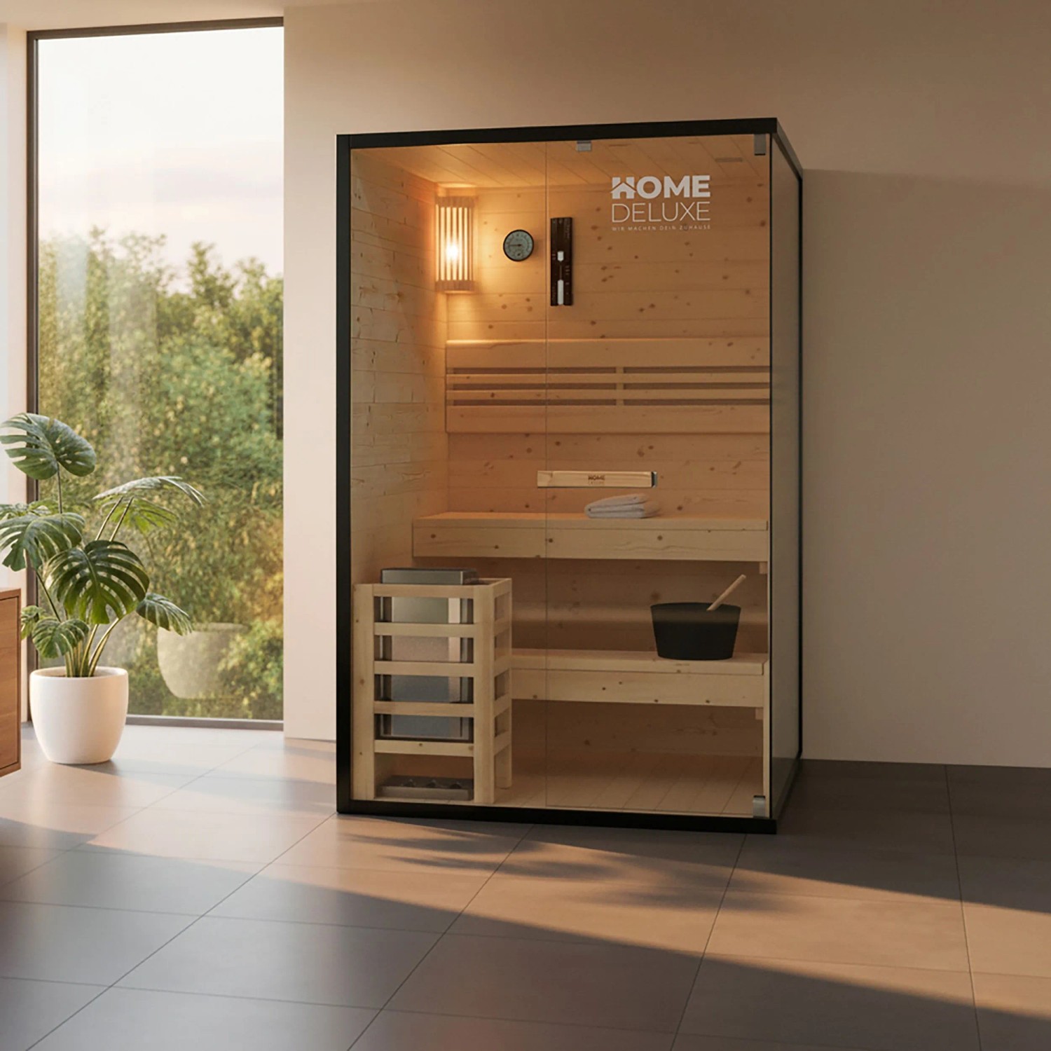 Home Deluxe Sauna SHADOW M für 2 Personen, traditionelle Sauna mit Panorama-Glasfront und Zubehör.