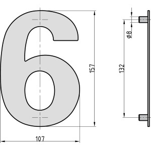 Technische Zeichnung: Hausnummer 6 von Basi, Stahl Anthrazit, Maße und Details.