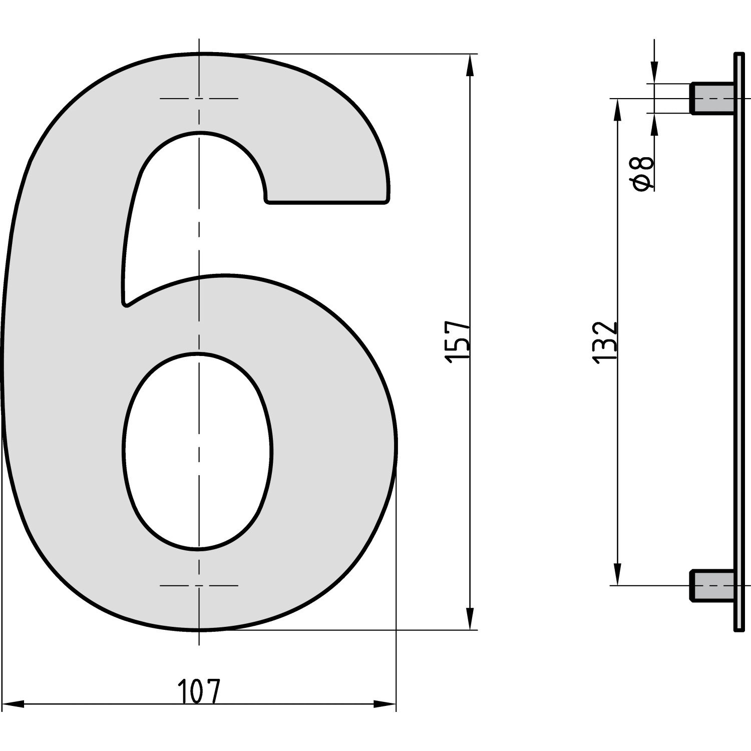 Technische Zeichnung: Hausnummer 6 von Basi, Stahl Anthrazit, Maße und Details.