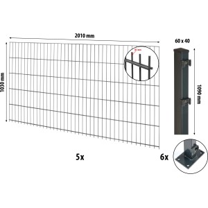 Floraworld Doppelstabmattenzaun-Set, anthrazit, mit Bodenplatten, 103x1000cm, bestehend aus 5 Zaunelementen und 6 Pfosten.