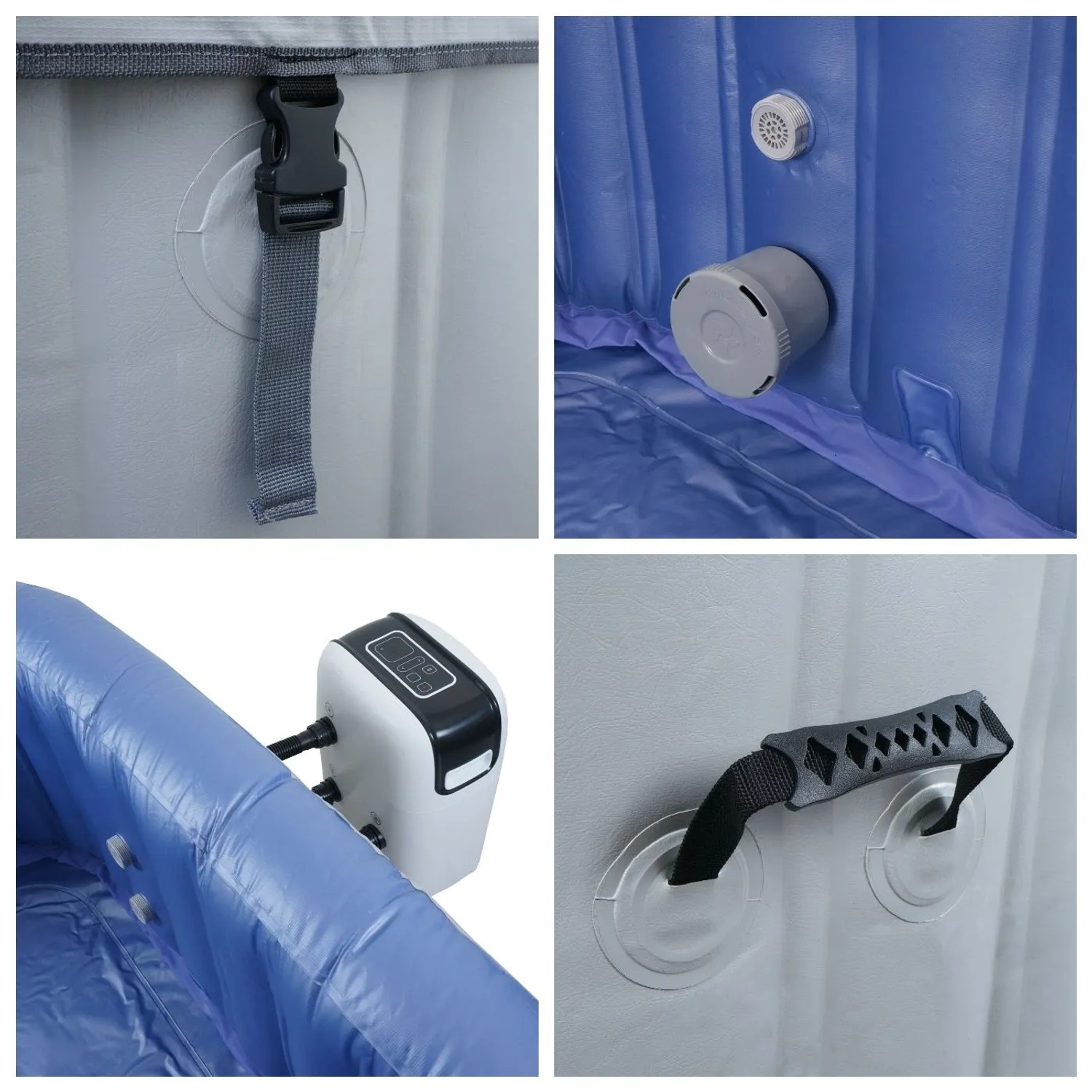 Details des MCW Whirlpool N97: Verschluss, Düse, Pumpe und Tragegriff des aufblasbaren, eckigen Whirlpools.