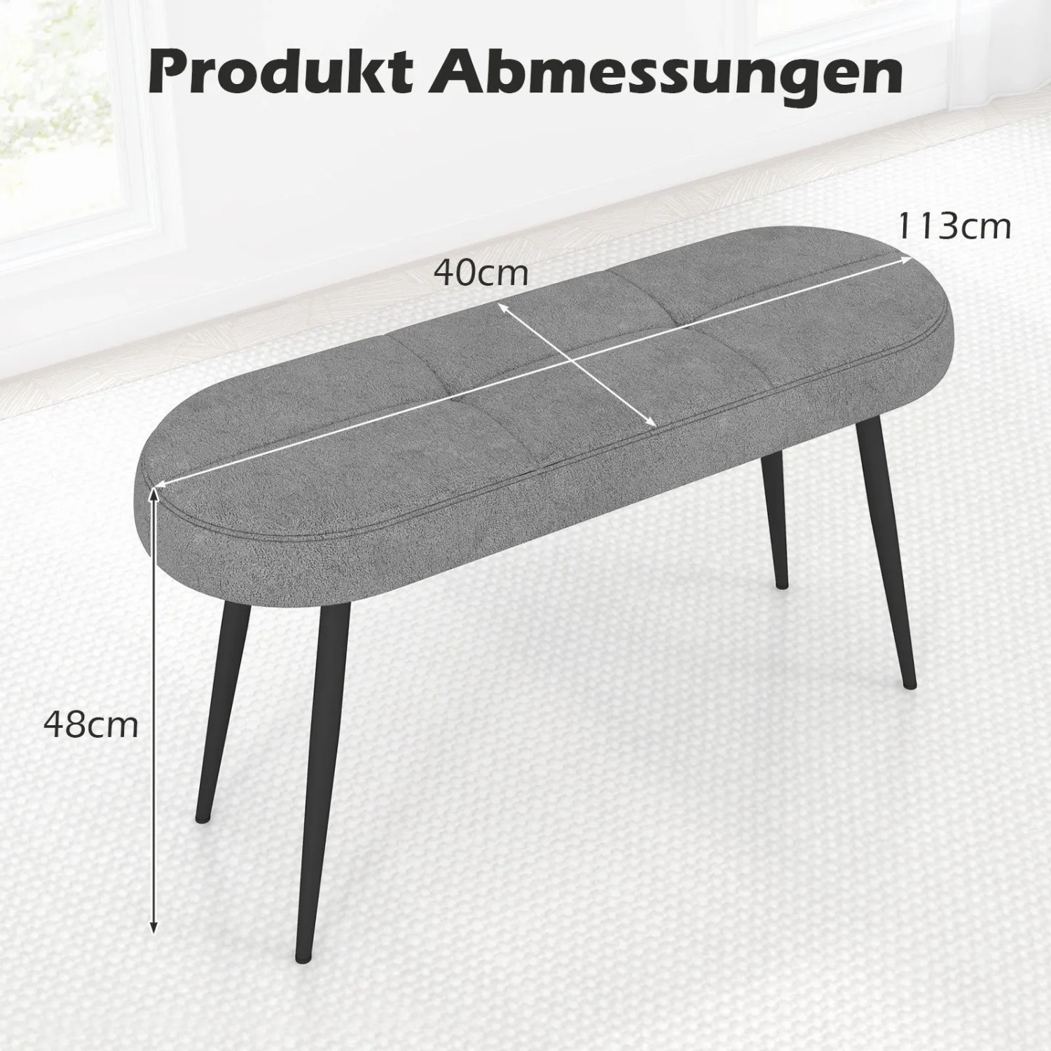 Graue Polsterbank mit schwarzen Metallbeinen. Abmessungen 113x40x48 cm für Flur & Eingangsbereich.