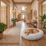 Hellgraues, rundes Relaxdays Hundebett aus Plüsch mit schlafendem Golden Retriever. Rutschfest, waschbar, ø 100 cm.