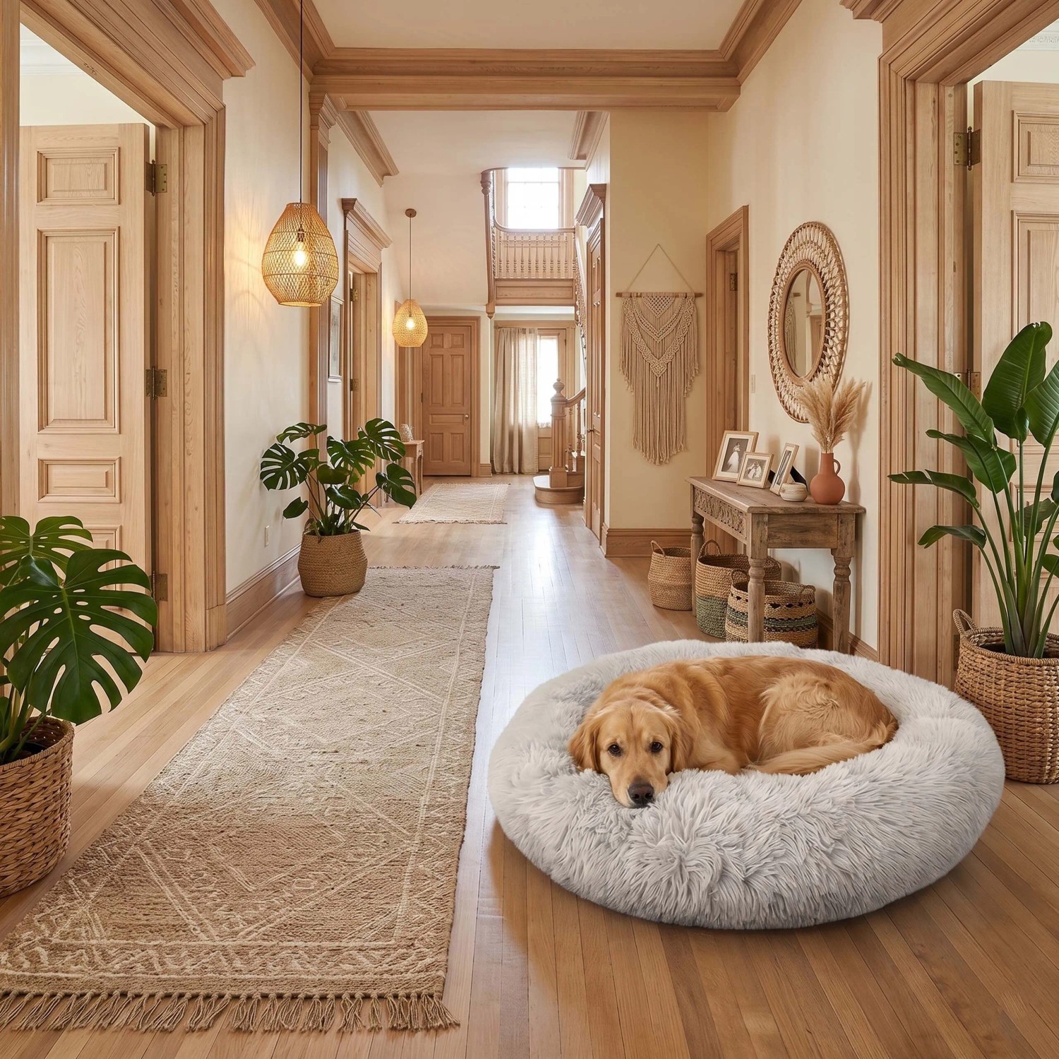 Hellgraues, rundes Relaxdays Hundebett aus Plüsch mit schlafendem Golden Retriever. Rutschfest, waschbar, ø 100 cm.