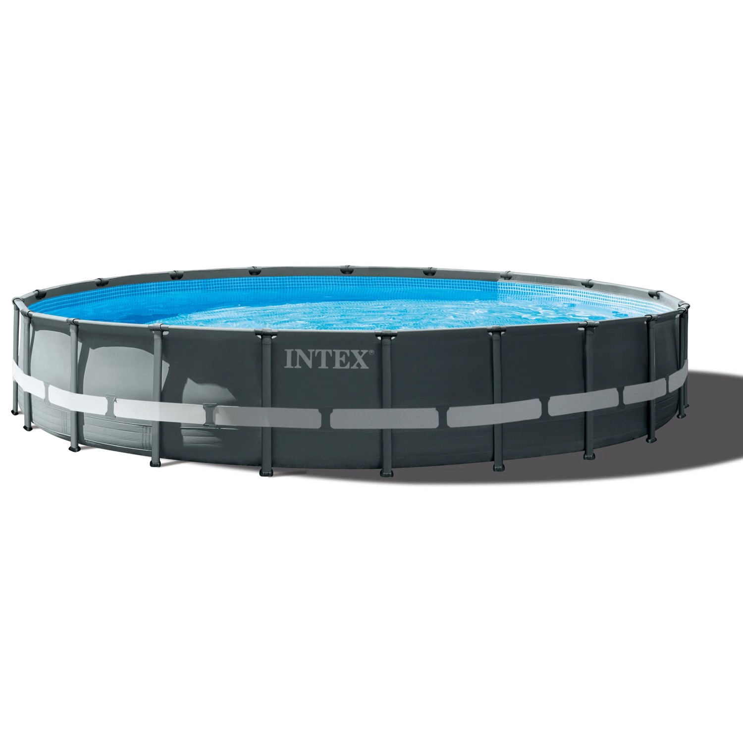 Intex Frame Pool Set Ultra Rondo XTR, Ø 610 cm, mit Stahlrahmen und blauem Wasser.