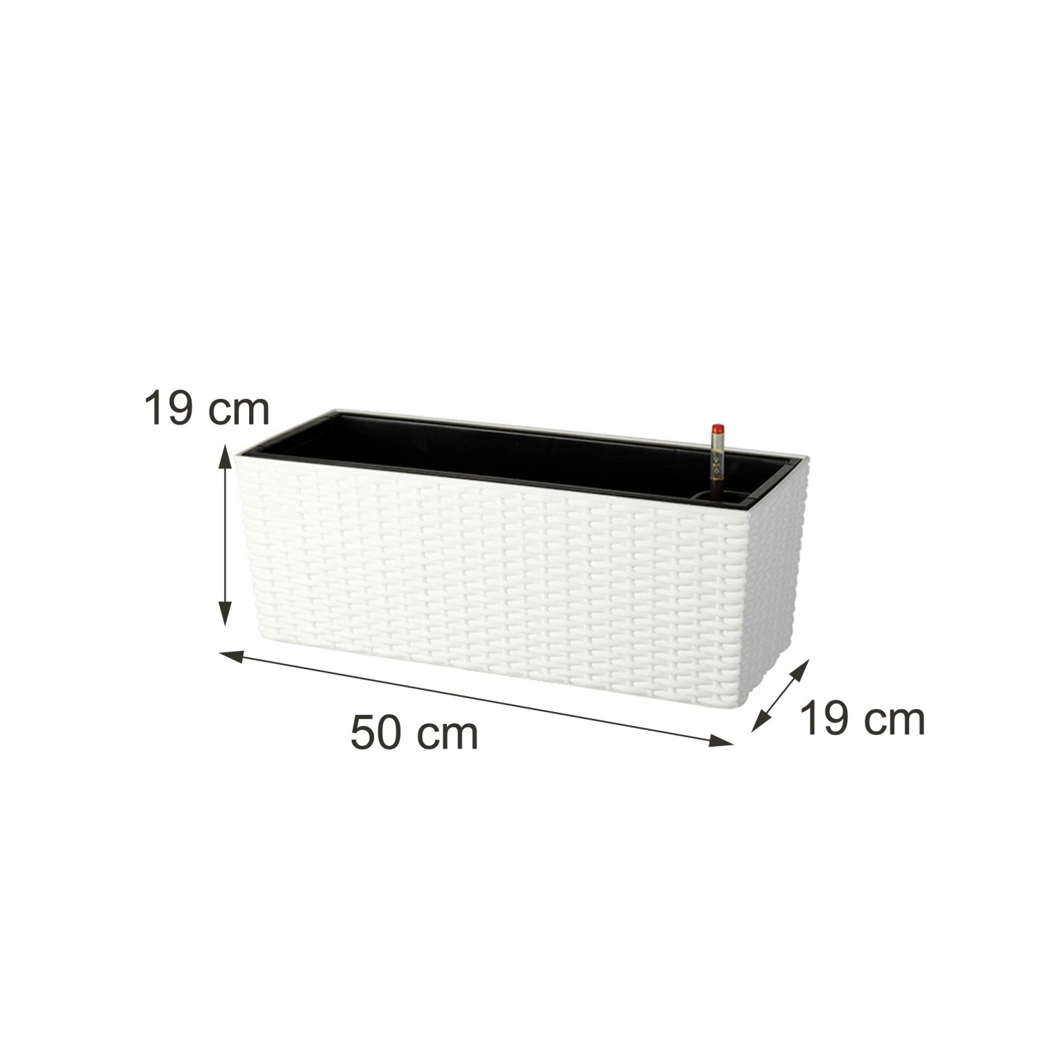 Weißer Balkonkasten in Rattan Optik mit selbstbewässerndem Einsatz und Füllstandsanzeige, 50 cm lang.